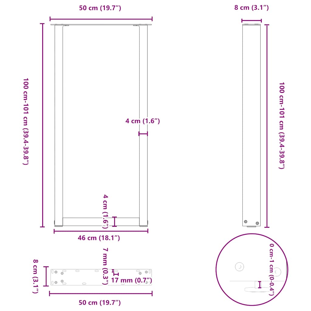 vidaXL Nogi do stołu barowego w kształcie litery U 2 szt. Białe 50x(100-101) cm Stal