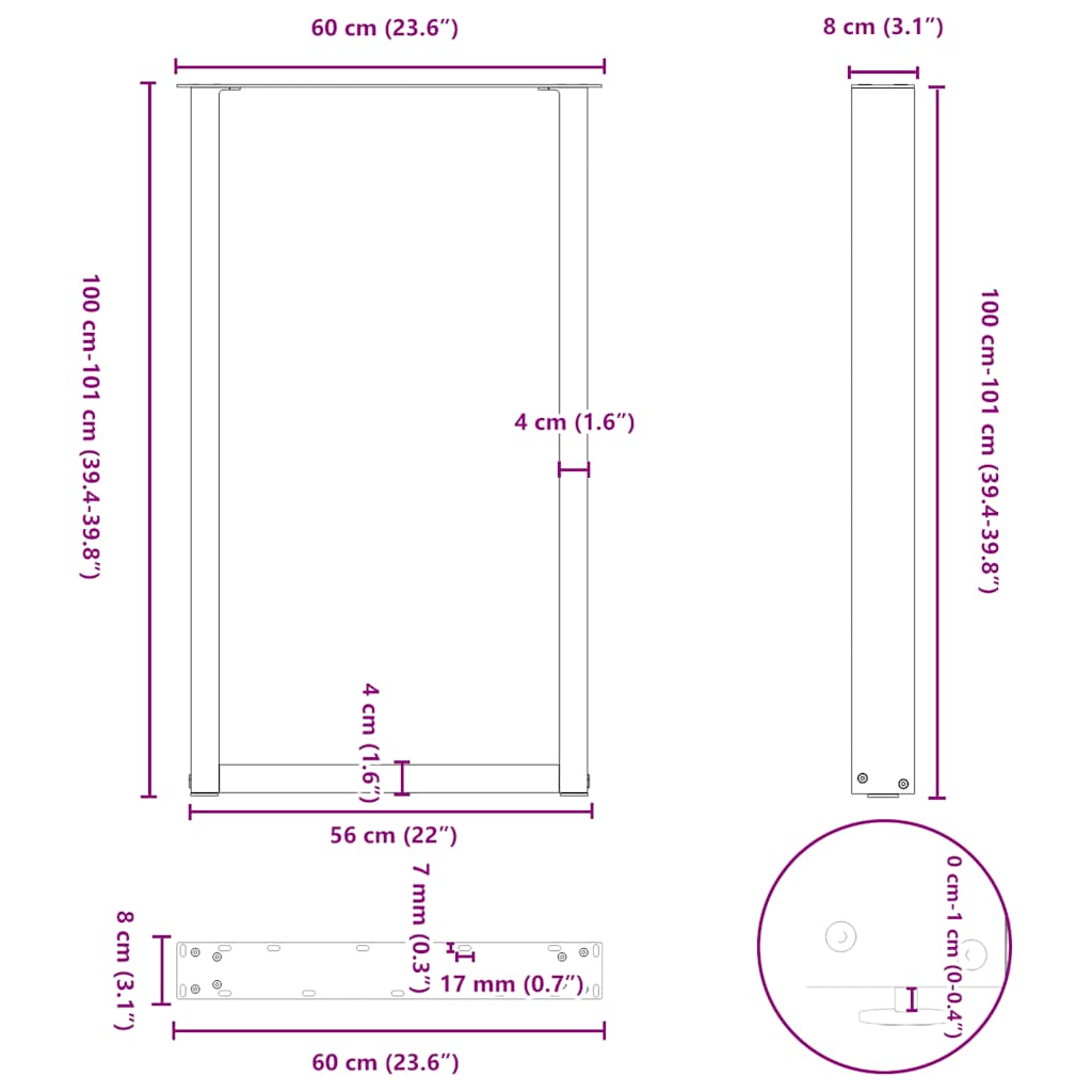 vidaXL Nogi do stołu barowego w kształcie litery U 2 szt. Czarne 60x(100-101) cm Stal