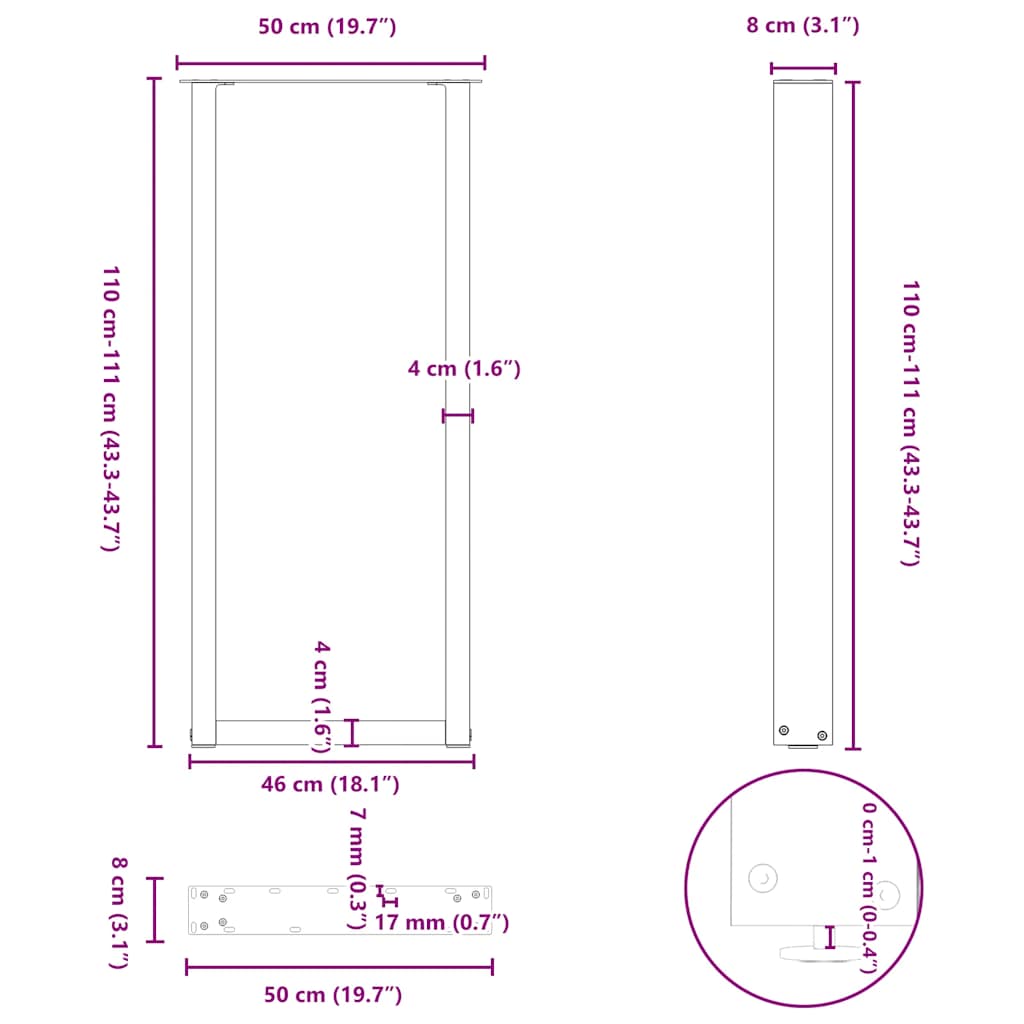 vidaXL Nogi do stołu barowego w kształcie litery U 2 szt. Białe 50x(110-111) cm Stal
