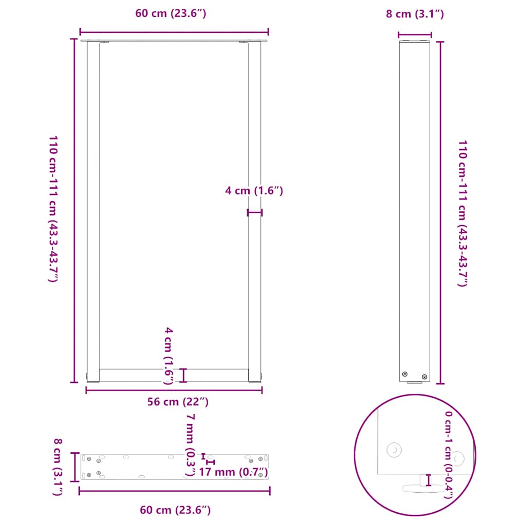 vidaXL Nogi do stołu barowego w kształcie litery U 2 szt. Czarne 60x(110-111) cm Stal
