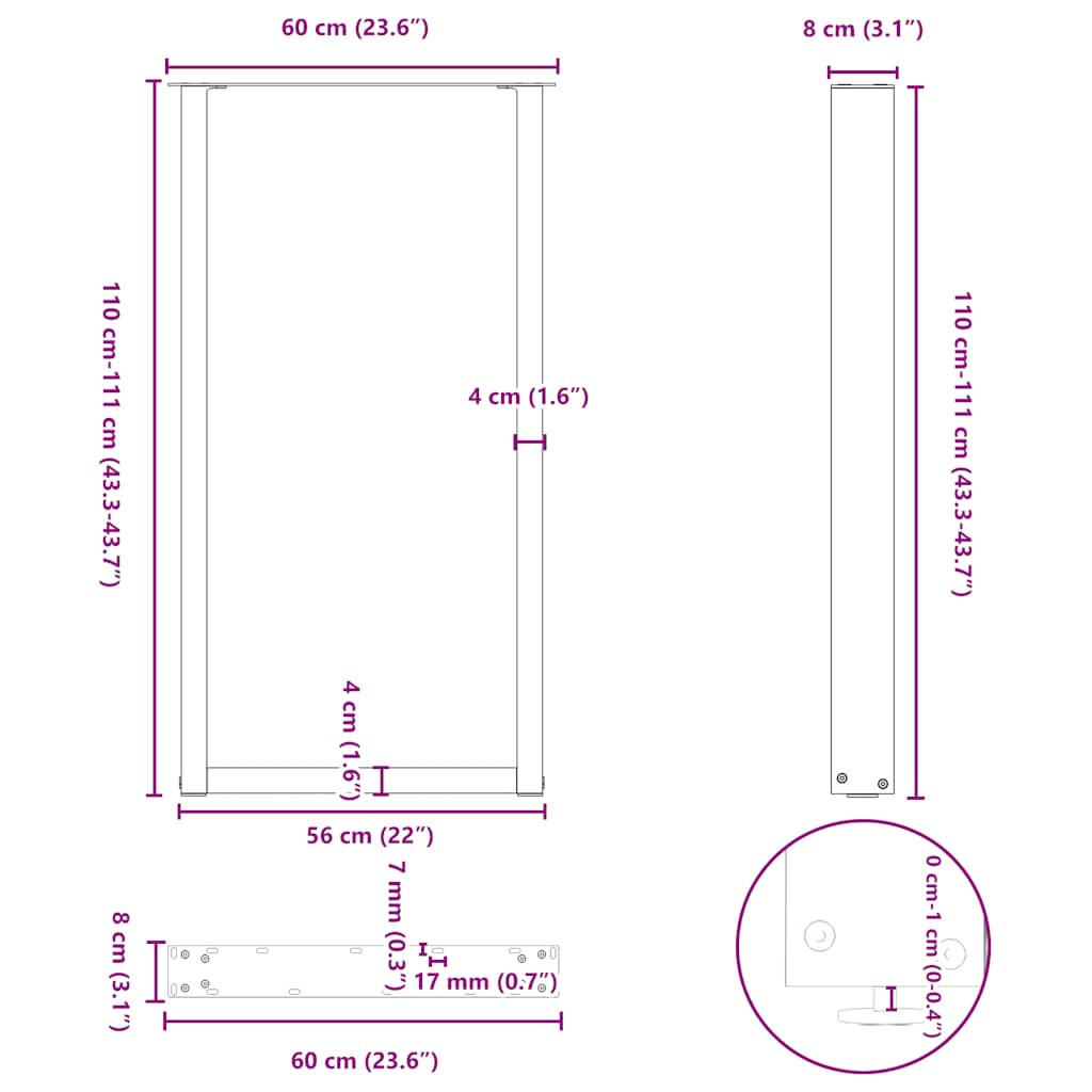 vidaXL Nogi do stołu barowego w kształcie litery U 2 szt. Białe 60x(110-111) cm Stal