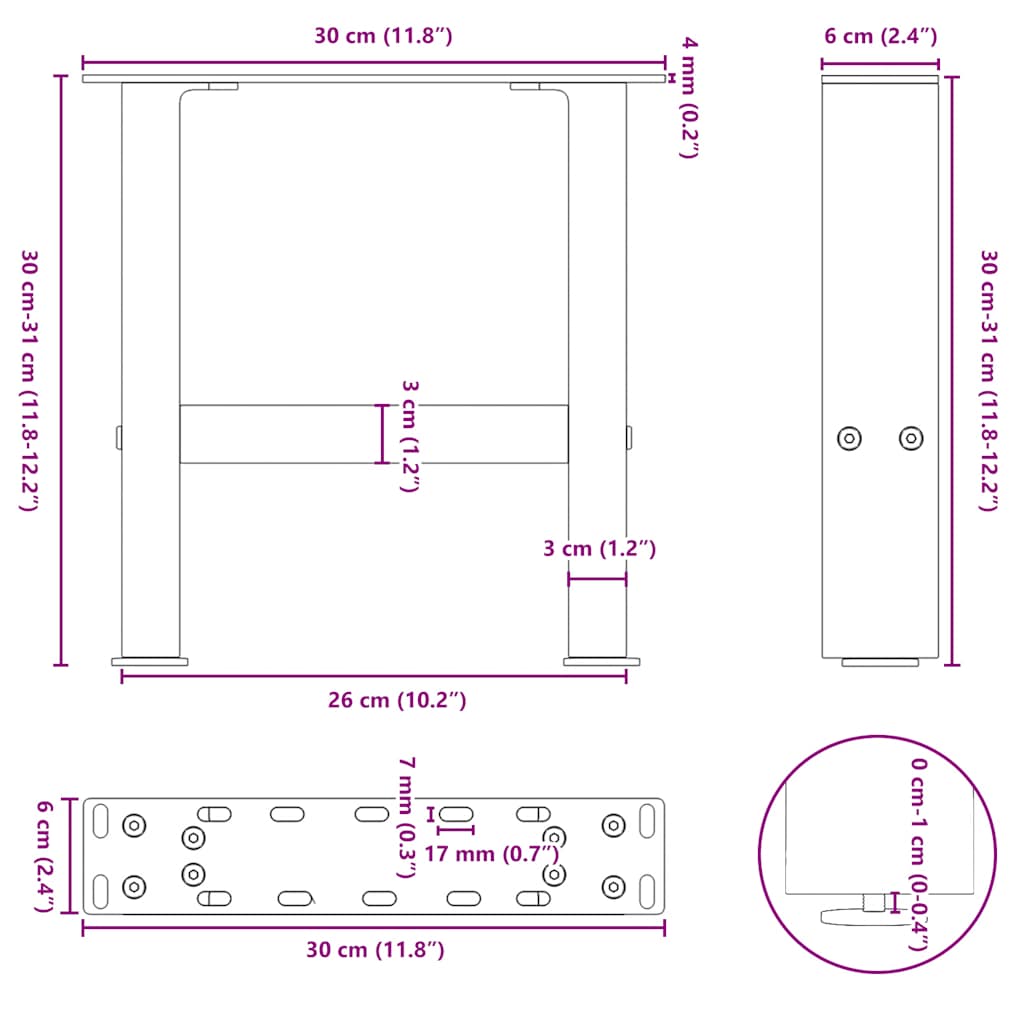 vidaXL Nogi do stolika kawowego Naturalna stal 2 szt. 30x(30-31) cm Stal