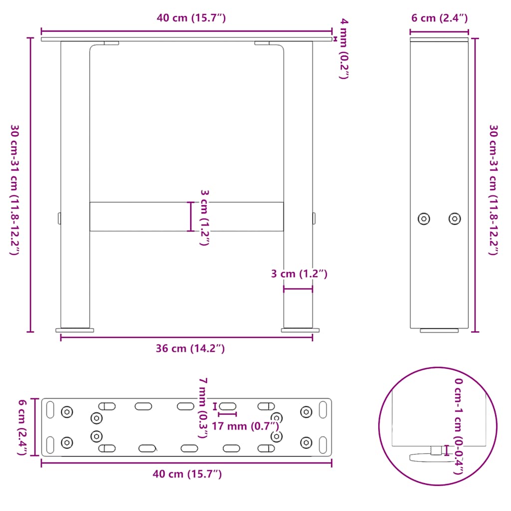 vidaXL Nogi do stolika kawowego Naturalna stal 2 szt. 40x(30-31) cm Stal