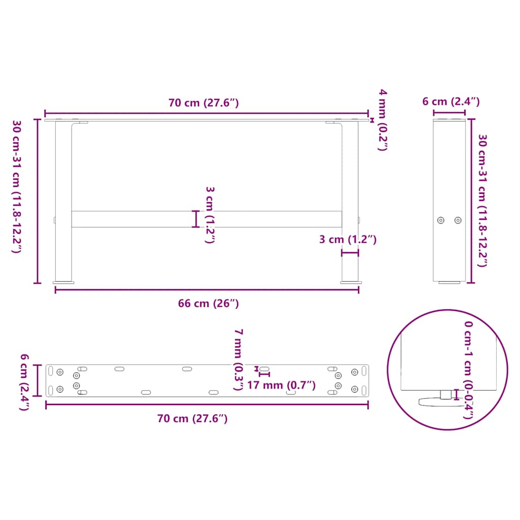 vidaXL Nogi do stolika kawowego czarne 2 szt. 70x(30-31) cm stal