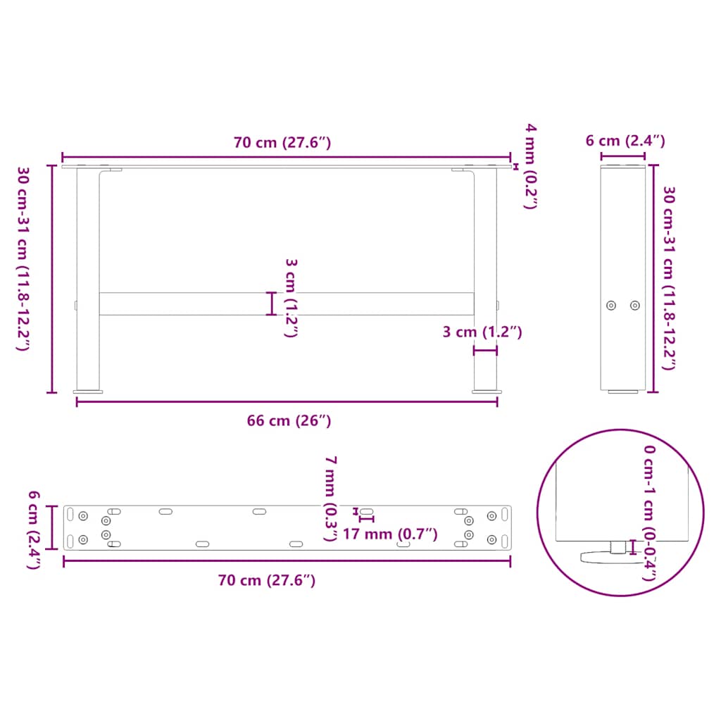 vidaXL Nogi do stolika kawowego Naturalna stal 2 szt. 70x(30-31) cm Stal