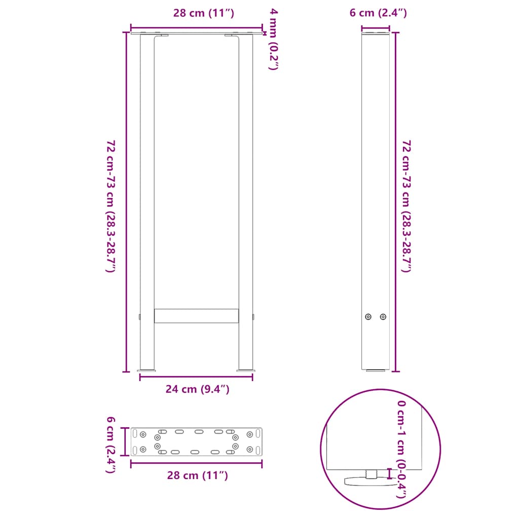 vidaXL Nogi do stołu konsolowego czarne 2 szt. 28x(72-73) cm stal