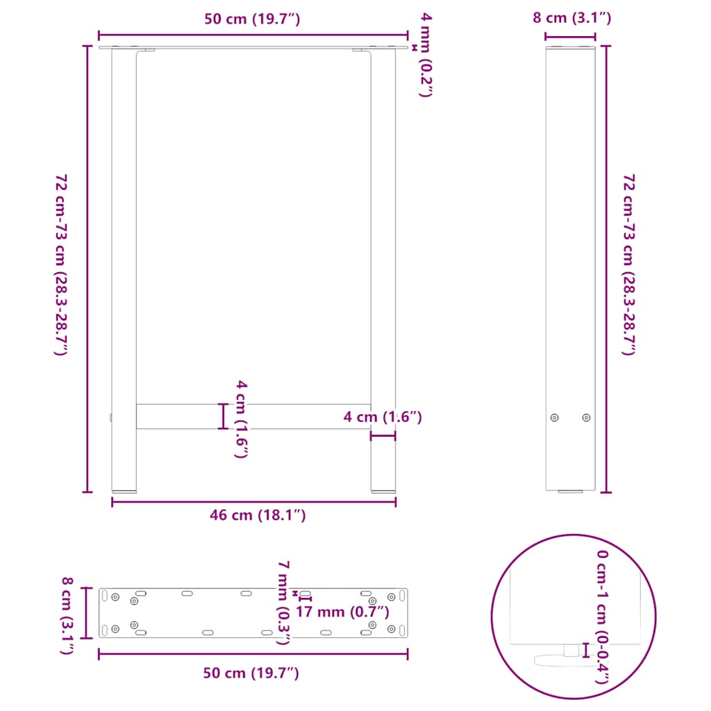 vidaXL Nogi do stołu jadalnego Naturalna stal 2 szt. 50x(72-73) cm Stal