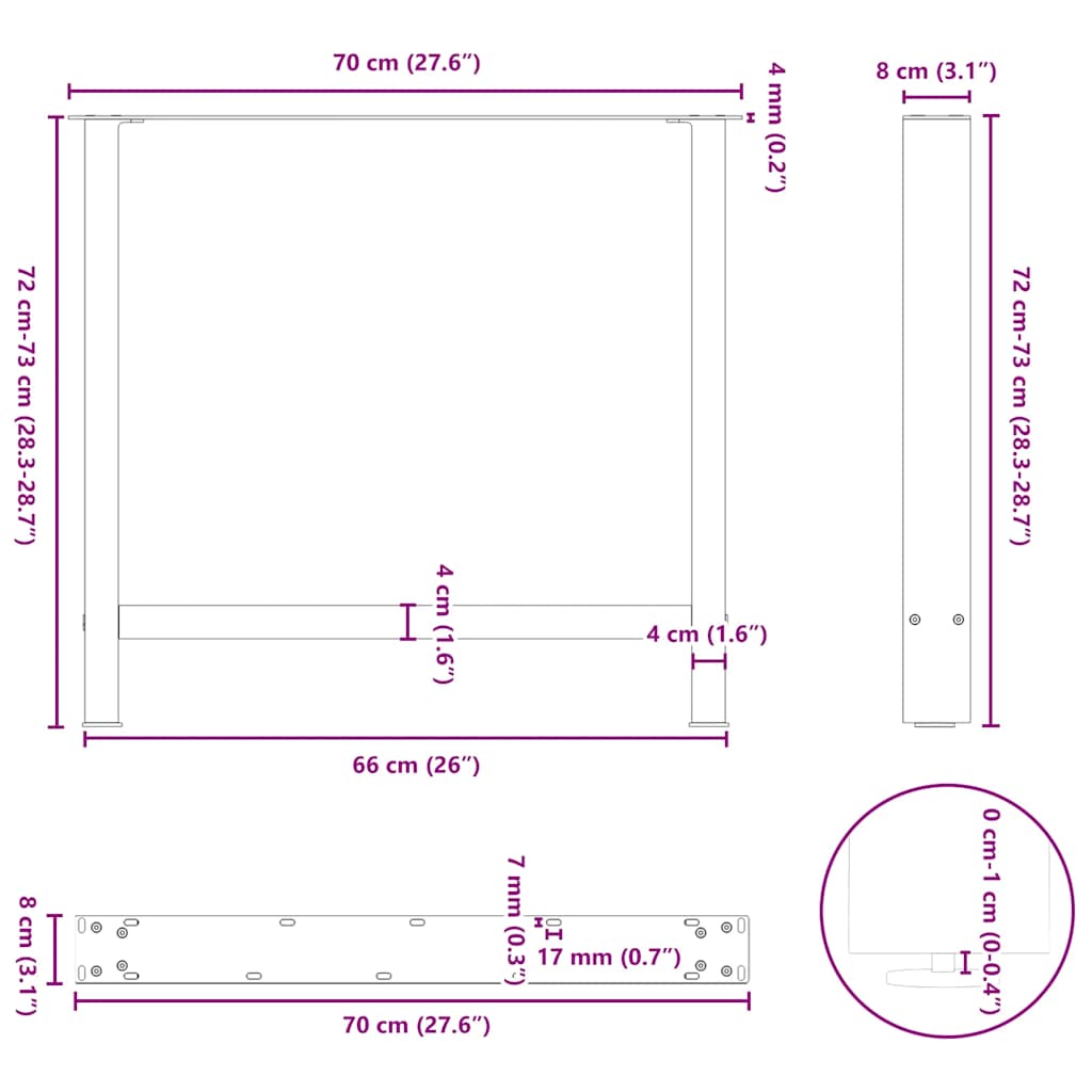 vidaXL Nogi do stołu jadalnego białe 2 szt. 70x(72-73) cm stal