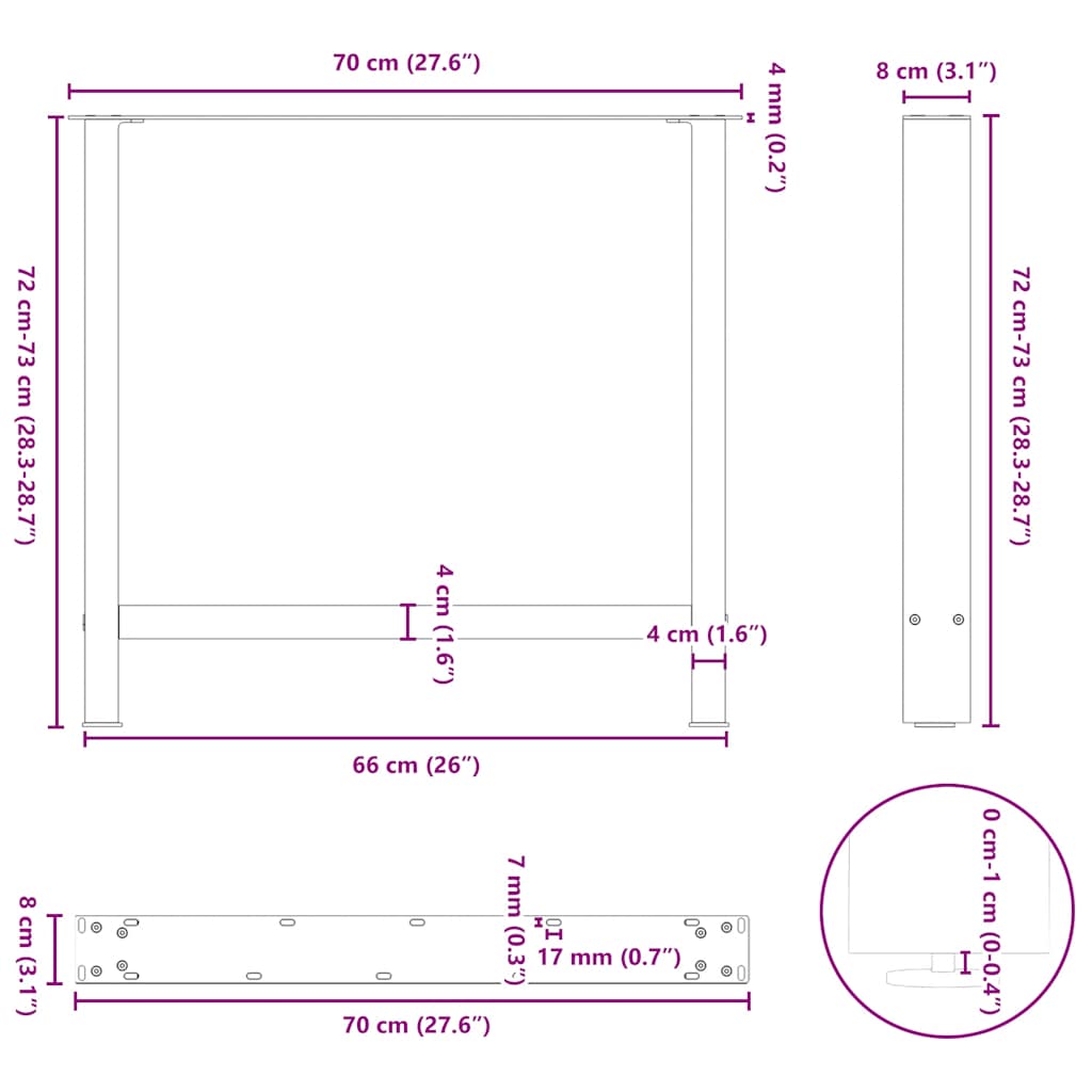 vidaXL Nogi do stołu jadalnego Naturalna stal 2 szt. 70x(72-73) cm Stal