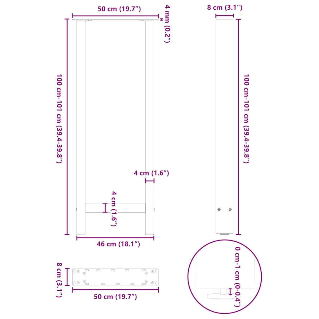 vidaXL Nogi do stołu barowego czarne 2 szt. 50x(100-101) cm stal
