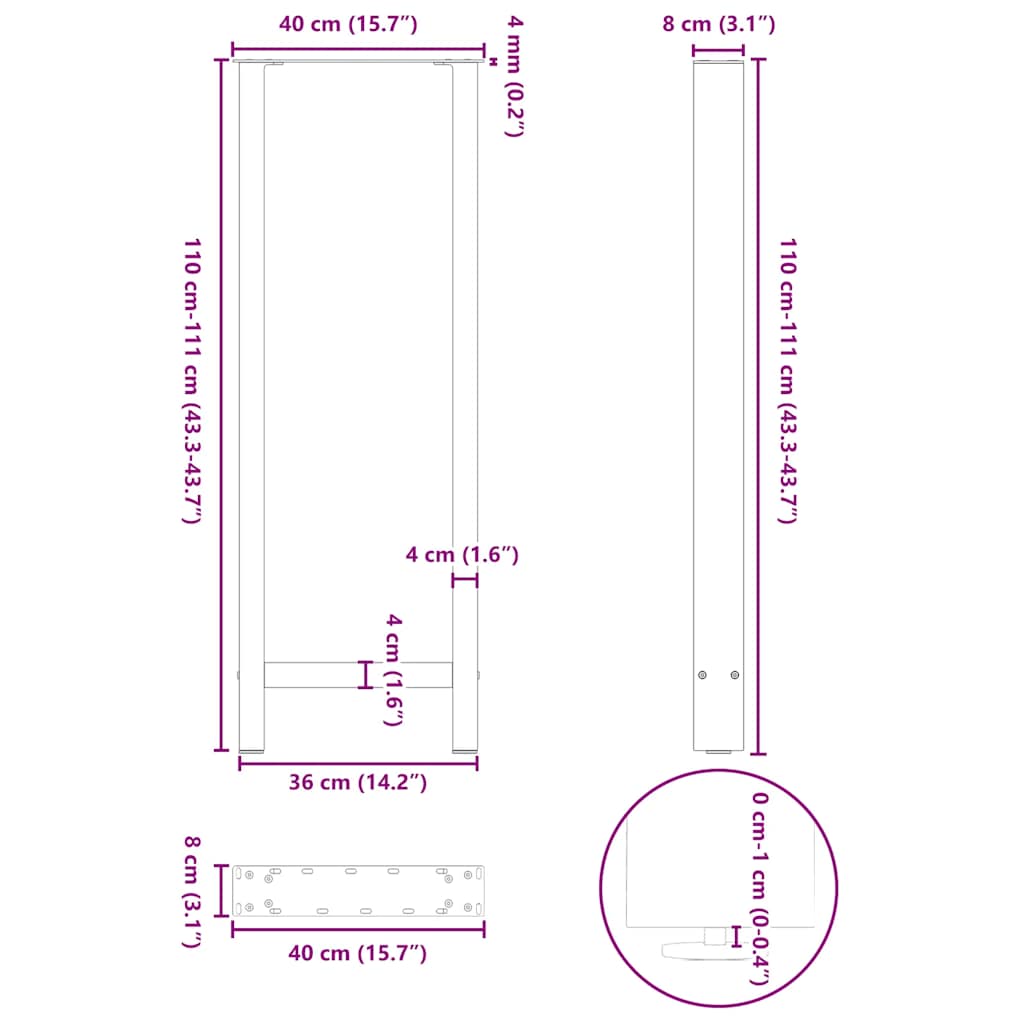 vidaXL Nogi do stołu barowego czarne 2 szt. 40x(110-111) cm stal