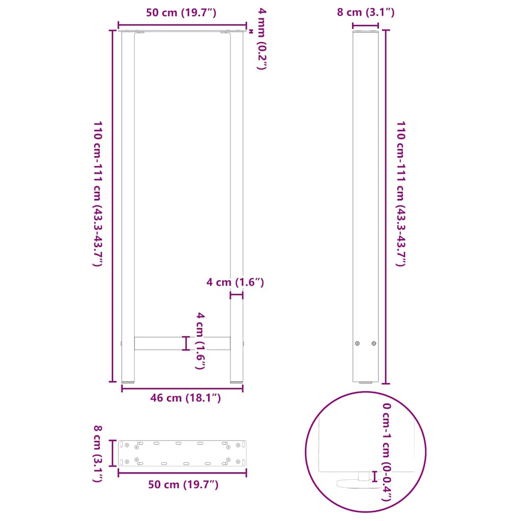 vidaXL Nogi do stołu barowego Naturalna stal 2 szt. 50x(110-111) cm Stal