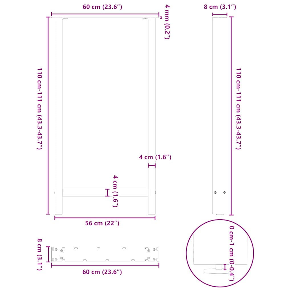 vidaXL Nogi do stołu barowego czarne 2 szt. 60x(110-111) cm stal