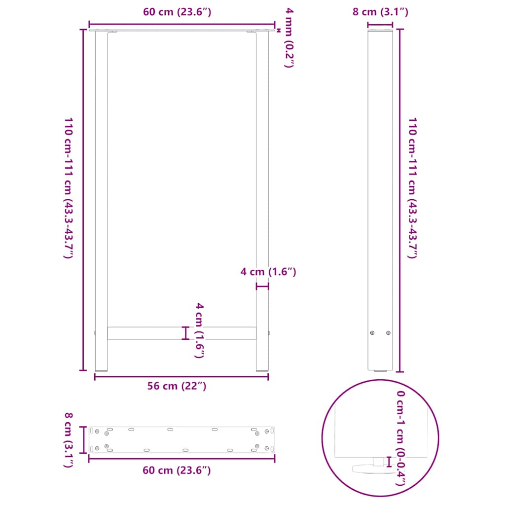 vidaXL Nogi do stołu barowego białe 2 szt. 60x(110-111) cm stal