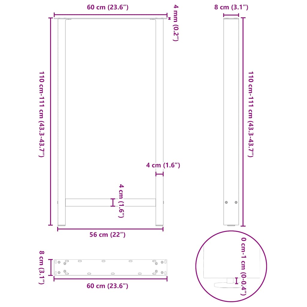 vidaXL Nogi do stołu barowego Naturalna stal 2 szt. 60x(110-111) cm Stal