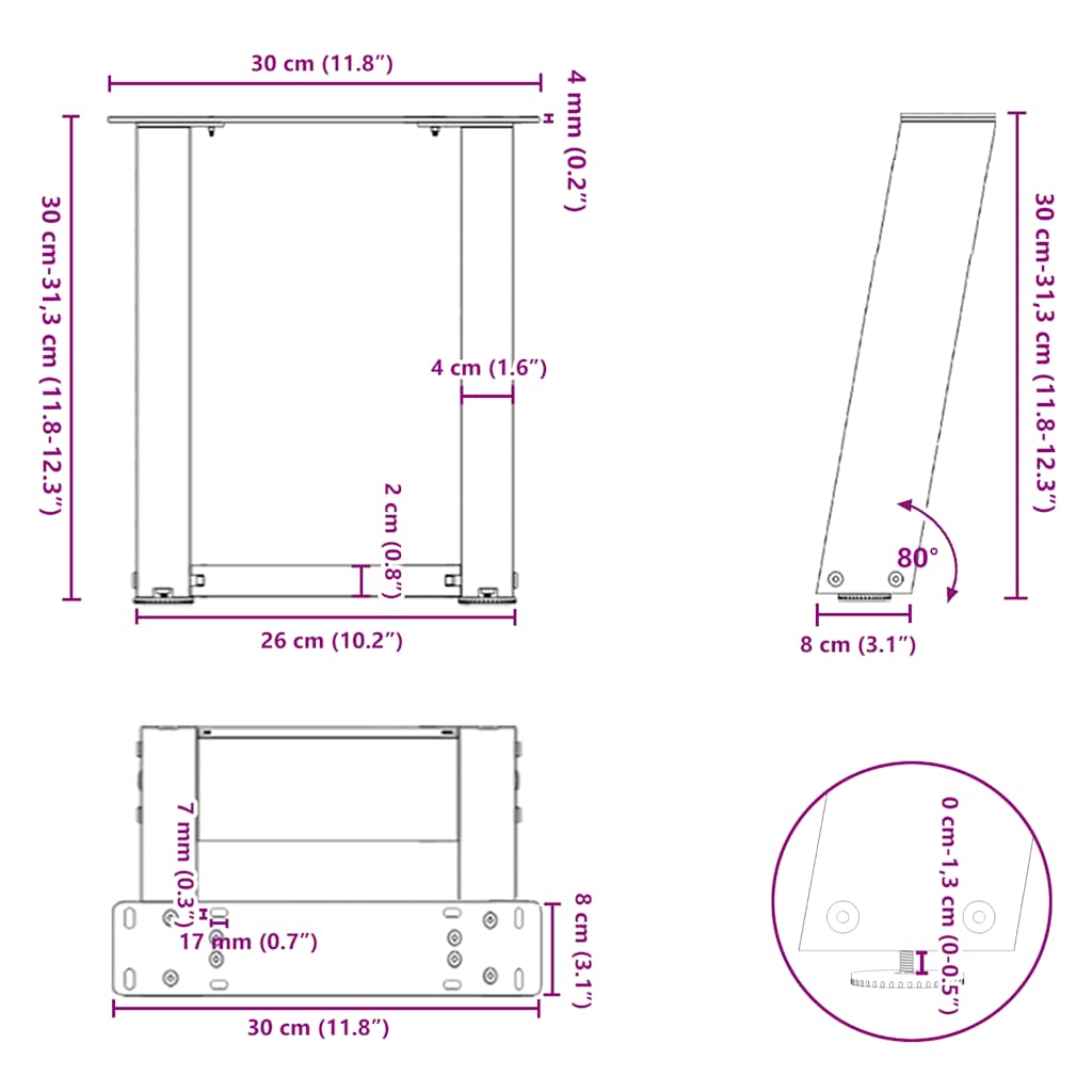 vidaXL Nogi do stolika kawowego w kształcie litery U 2 szt. Białe 30x(30-31) cm Stal