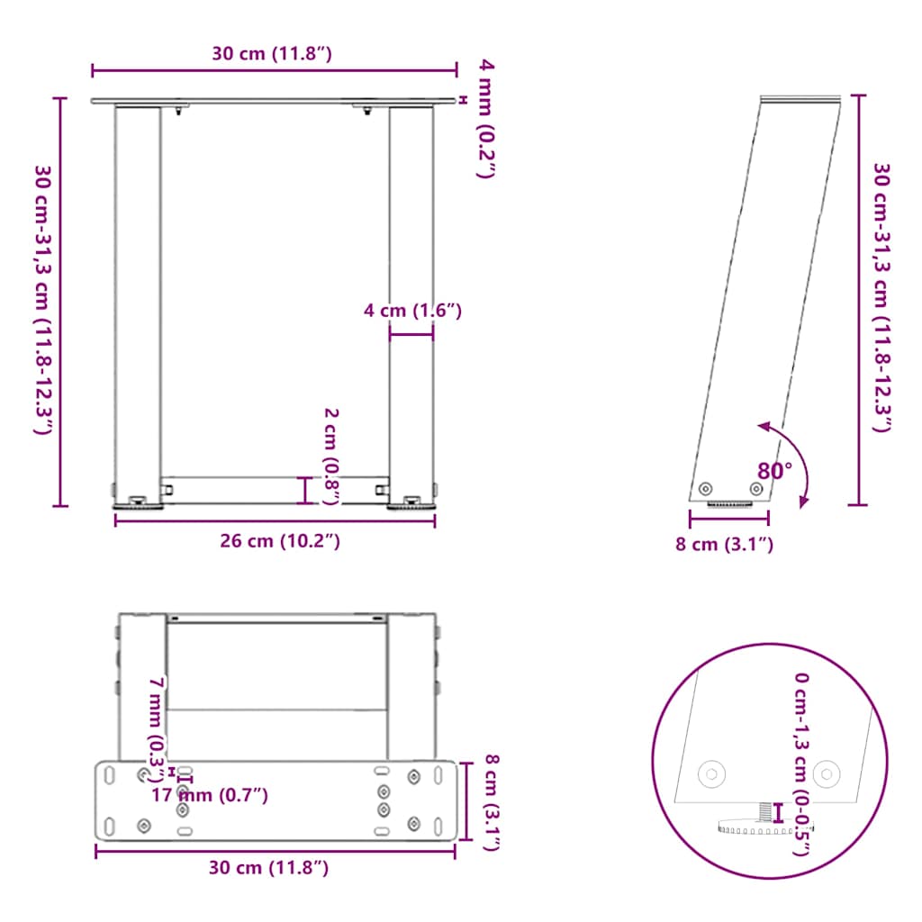 vidaXL Nogi do stolika kawowego w kształcie litery U 2 szt. Antracyt 30x(30-31) cm Stal