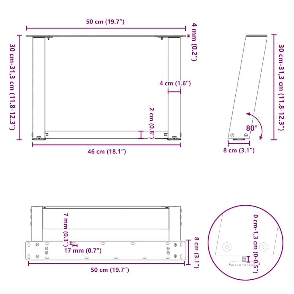 vidaXL Nogi do stolika kawowego w kształcie litery U 2 szt. Czarne 50x(30-31) cm Stal