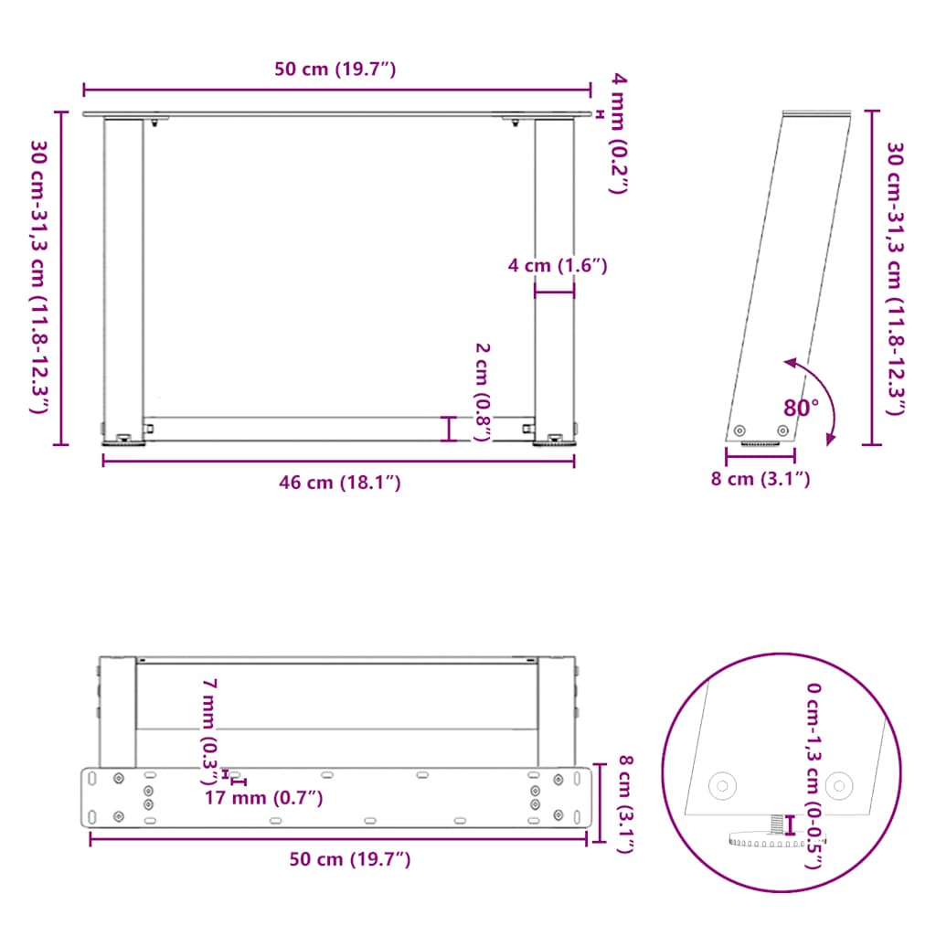 vidaXL Nogi do stolika kawowego w kształcie litery U 2 szt. Naturalna stal 50x(30-31) cm Stal