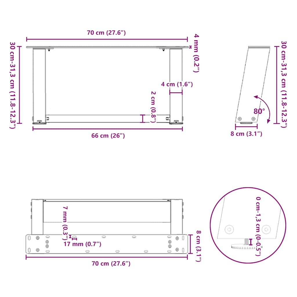 vidaXL Nogi do stolika kawowego w kształcie litery U 2 szt. Czarne 70x(30-31) cm Stal