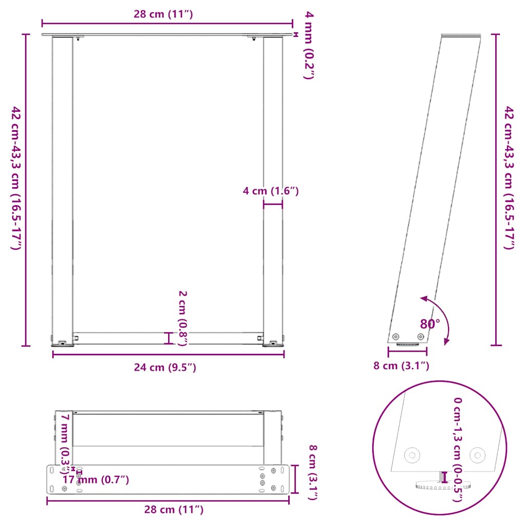 vidaXL Nogi do stolika kawowego w kształcie litery U 2 szt. Czarne 28x(42-43) cm Stal