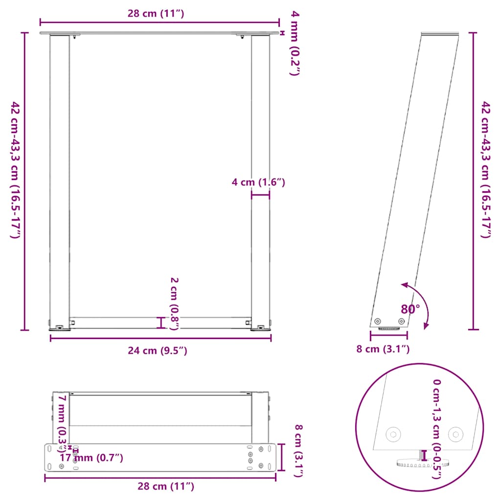 vidaXL Nogi do stolika kawowego w kształcie litery U 2 szt. Antracyt 28x(42-43) cm Stal
