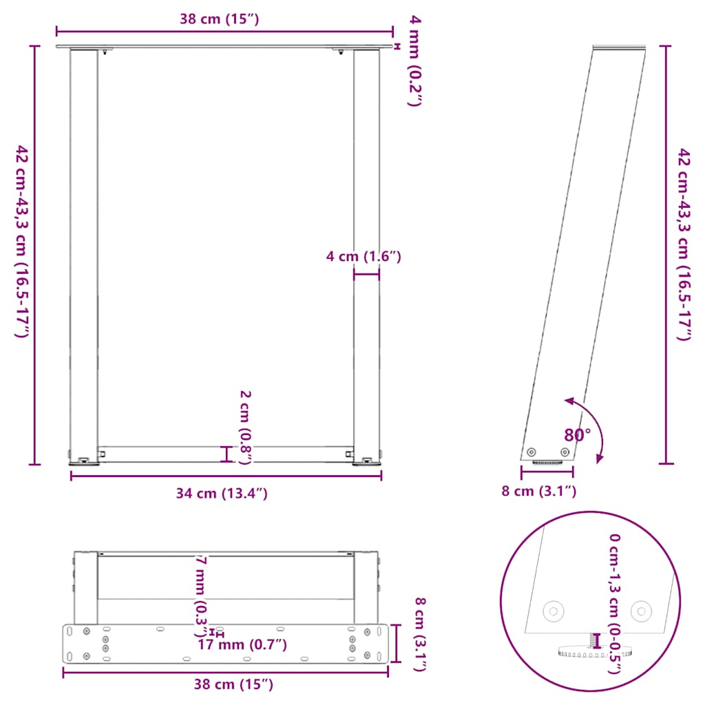 vidaXL Nogi do stolika kawowego w kształcie litery U 2 szt. Naturalna stal 38x(42-43) cm Stal