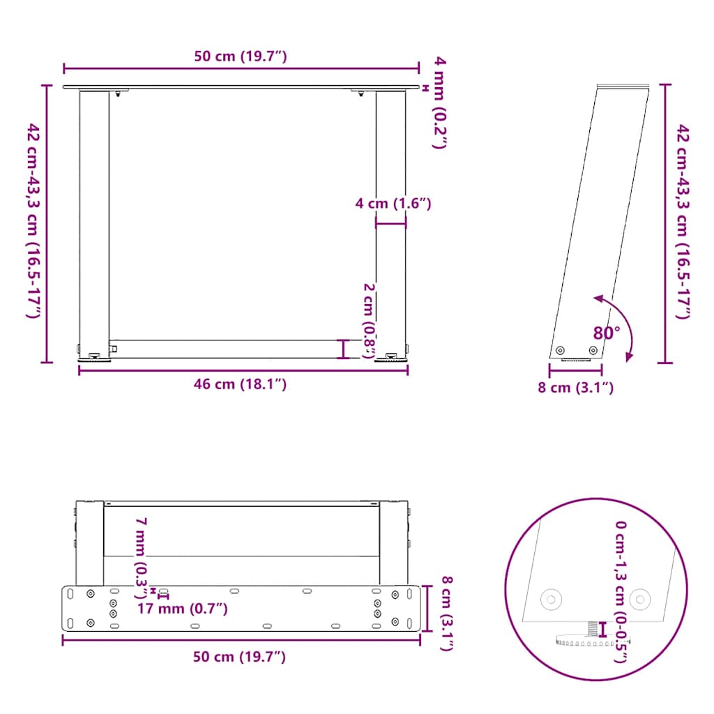 vidaXL Nogi do stolika kawowego w kształcie litery U 2 szt. Czarne 50x(42-43) cm Stal