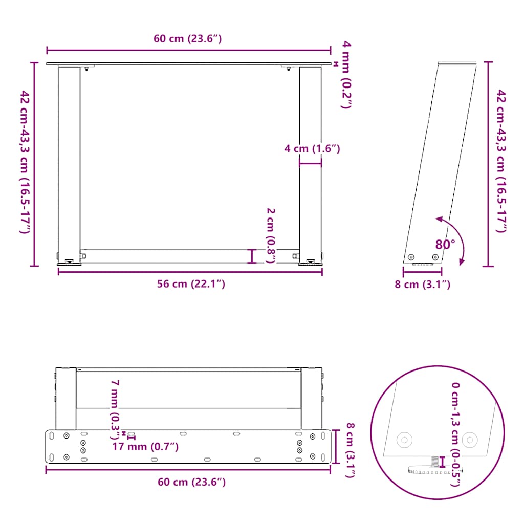 vidaXL Nogi do stolika kawowego w kształcie litery U 2 szt. Czarne 60x(42-43) cm Stal