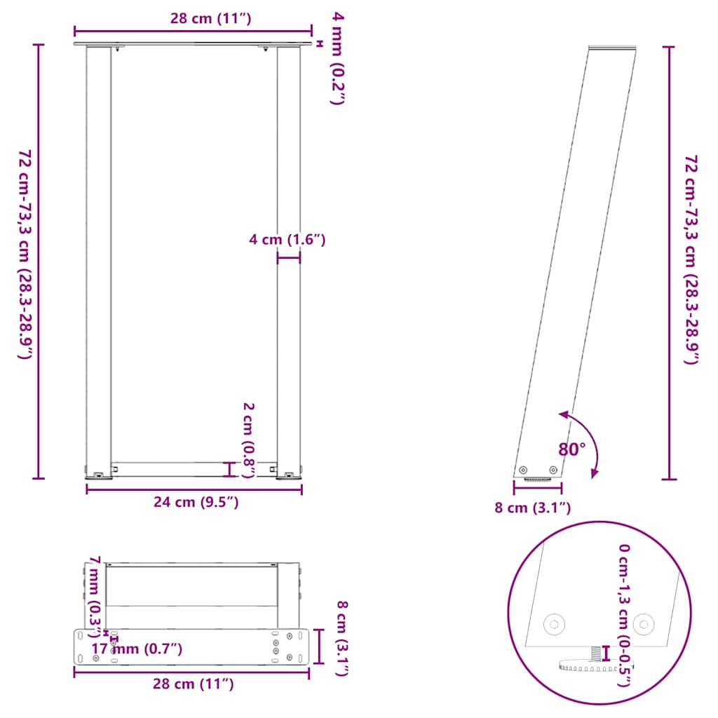 vidaXL Nogi do stołu konsolowego w kształcie litery U 2 szt. Antracyt 28x(72-73) cm Stal