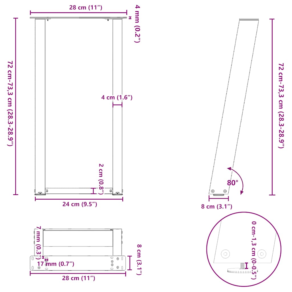 vidaXL Nogi do stołu konsolowego w kształcie litery U 2 szt. Naturalna stal 28x(72-73) cm Stal