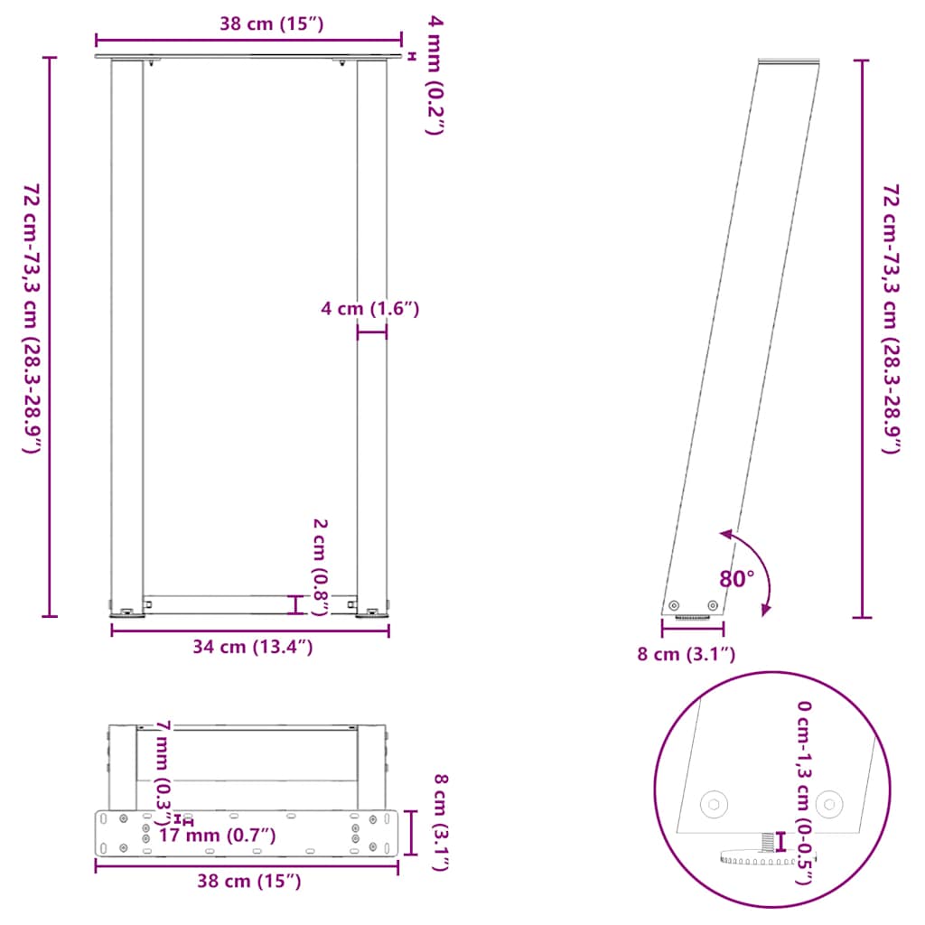 vidaXL Nogi do stołu konsolowego w kształcie litery U 2 szt. Czarne 38x(72-73) cm Stal
