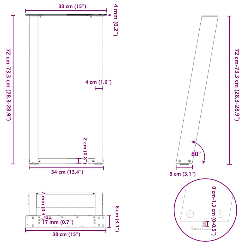 vidaXL Nogi do stołu konsolowego w kształcie litery U 2 szt. Antracyt 38x(72-73) cm Stal