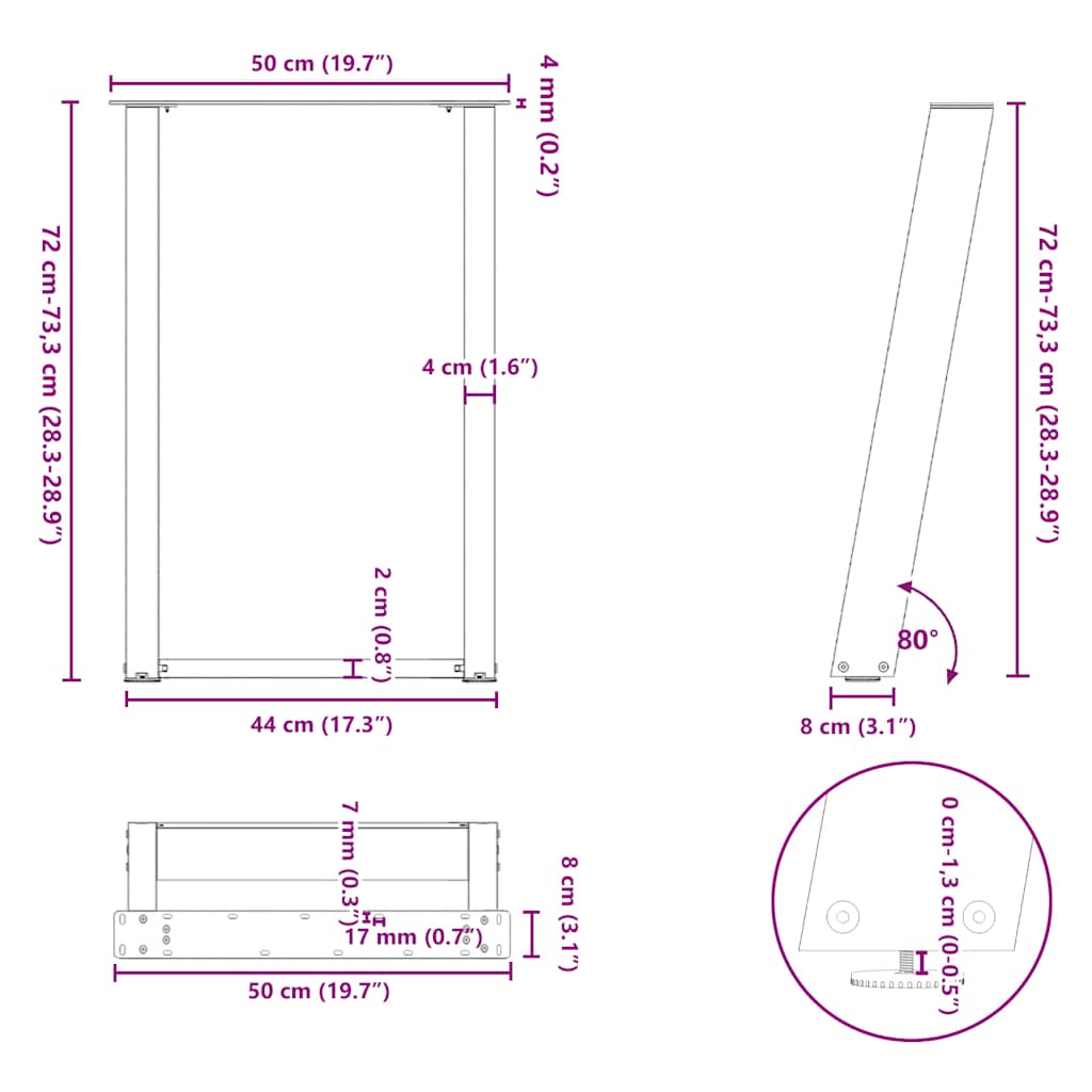 vidaXL Nogi do stołu jadalnego w kształcie litery U 2 szt. Czarne 50x(72-73) cm Stal
