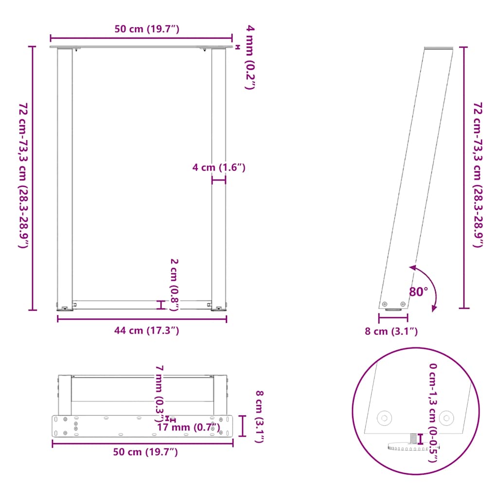 vidaXL Nogi do stołu jadalnego w kształcie litery U 2 szt. Białe 50x(72-73) cm Stal