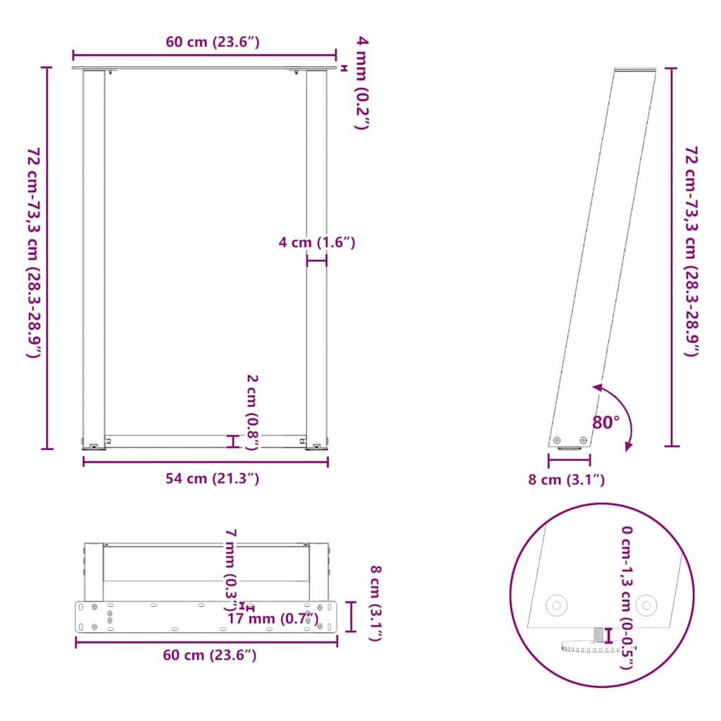 vidaXL Nogi do stołu jadalnego w kształcie litery U 2 szt. Czarne 60x(72-73) cm Stal