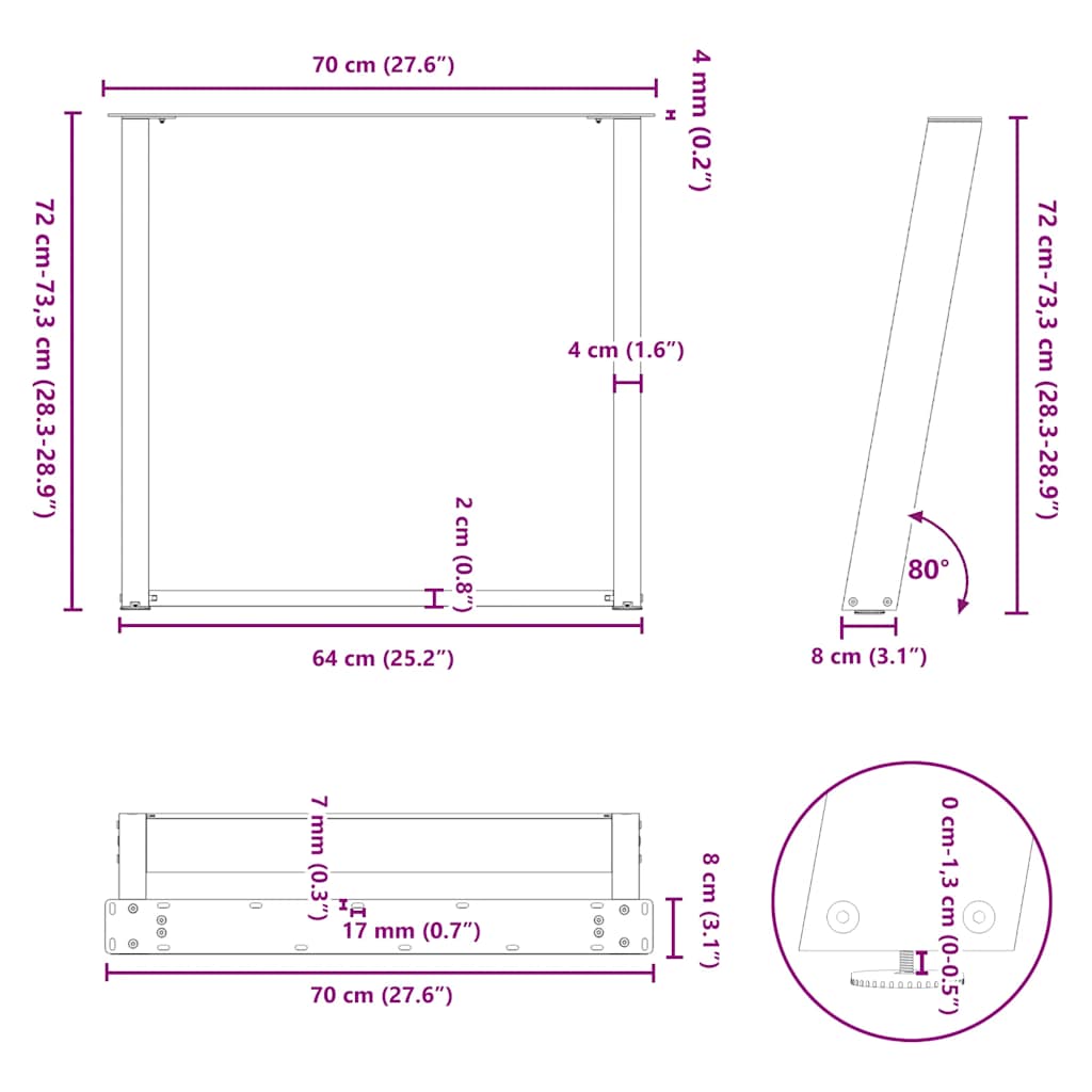 vidaXL Nogi do stołu jadalnego w kształcie litery U 2 szt. Czarne 70x(72-73) cm Stal