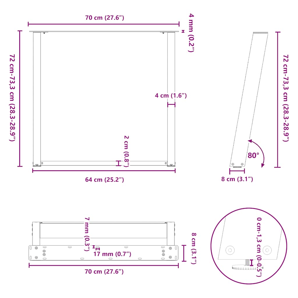 vidaXL Nogi do stołu jadalnego w kształcie litery U 2 szt. Antracyt 70x(72-73) cm Stal