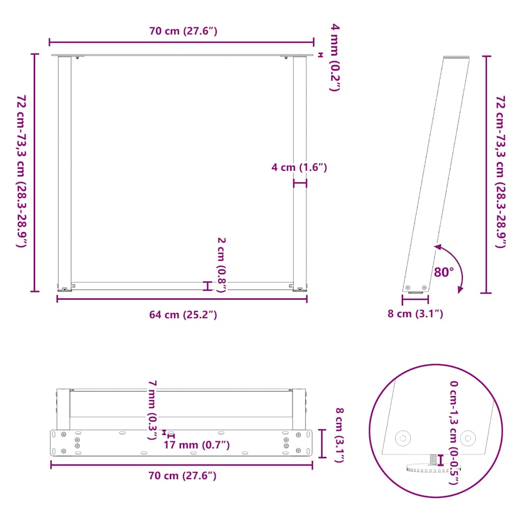 vidaXL Nogi do stołu jadalnego w kształcie litery U 2 szt. Naturalna stal 70x(72-73) cm Stal