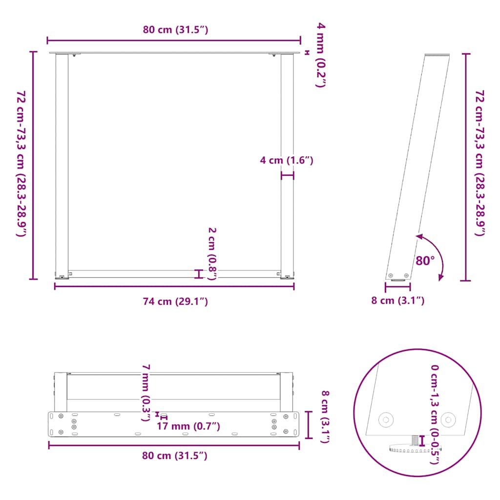 vidaXL Nogi do stołu jadalnego w kształcie litery U 2 szt. Białe 80x(72-73) cm Stal