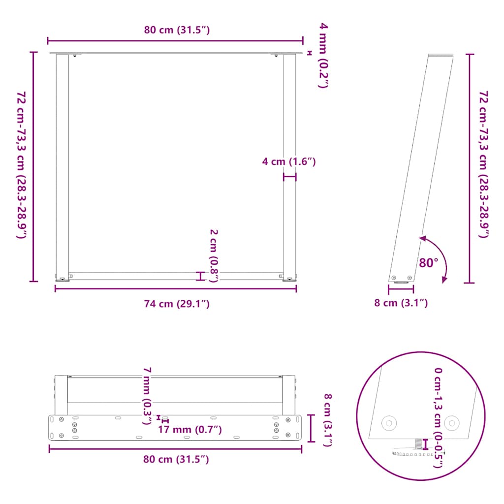 vidaXL Nogi do stołu jadalnego w kształcie litery U 2 szt. Naturalna stal 80x(72-73) cm Stal