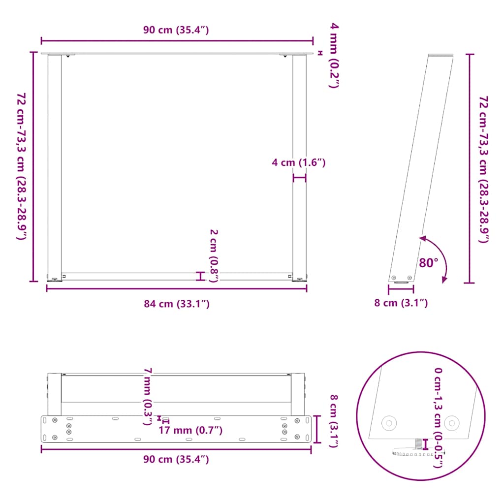 vidaXL Nogi do stołu jadalnego w kształcie litery U 2 szt. Antracyt 90x(72-73) cm Stal