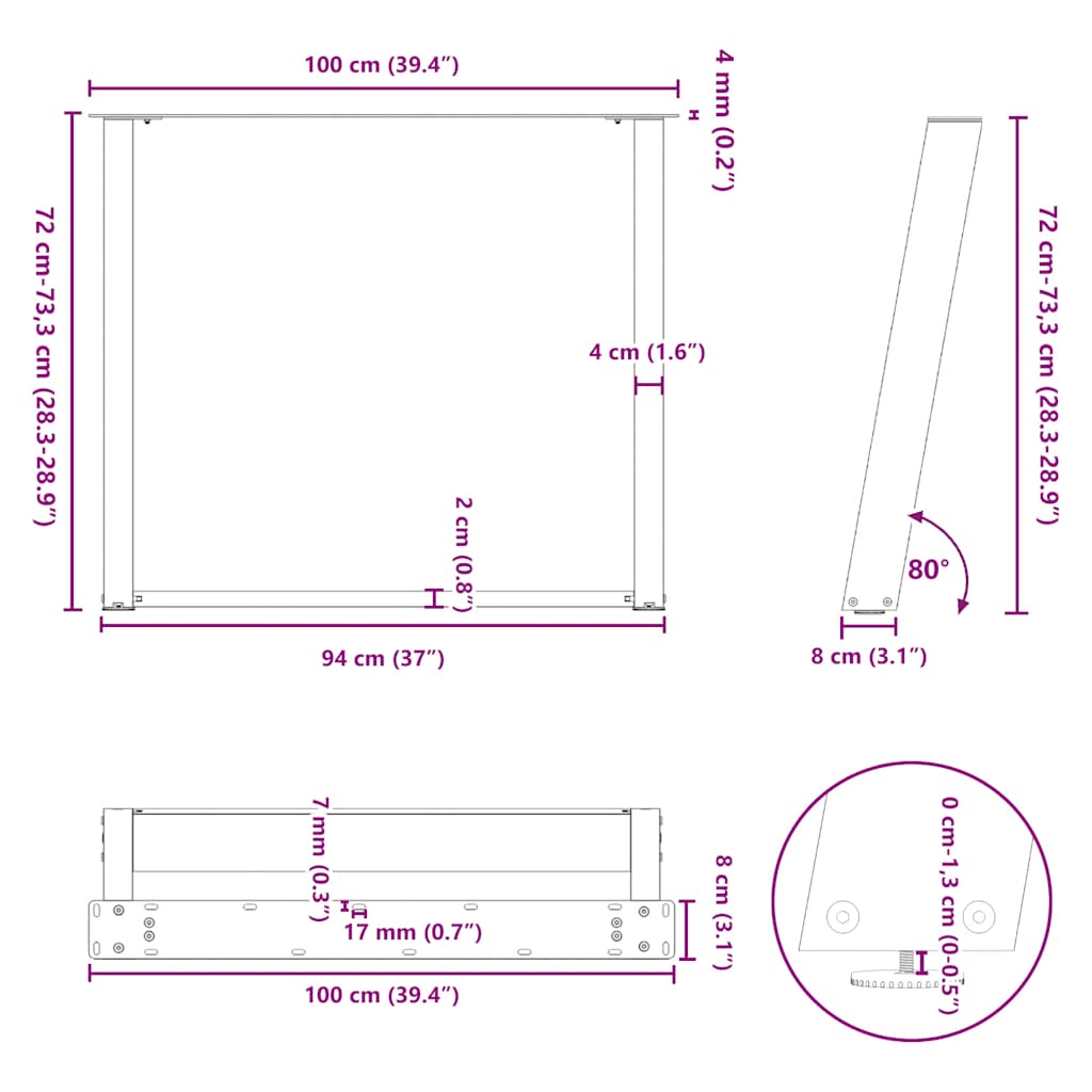 vidaXL Nogi do stołu jadalnego w kształcie litery U 2 szt. Czarne 100x(72-73) cm Stal