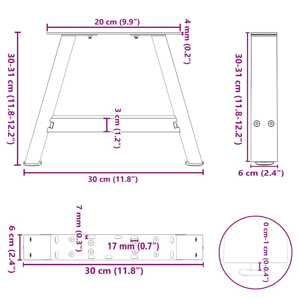 vidaXL Nogi do stolika kawowego w kształcie litery A 2 szt. 30x(30-31) cm Stal