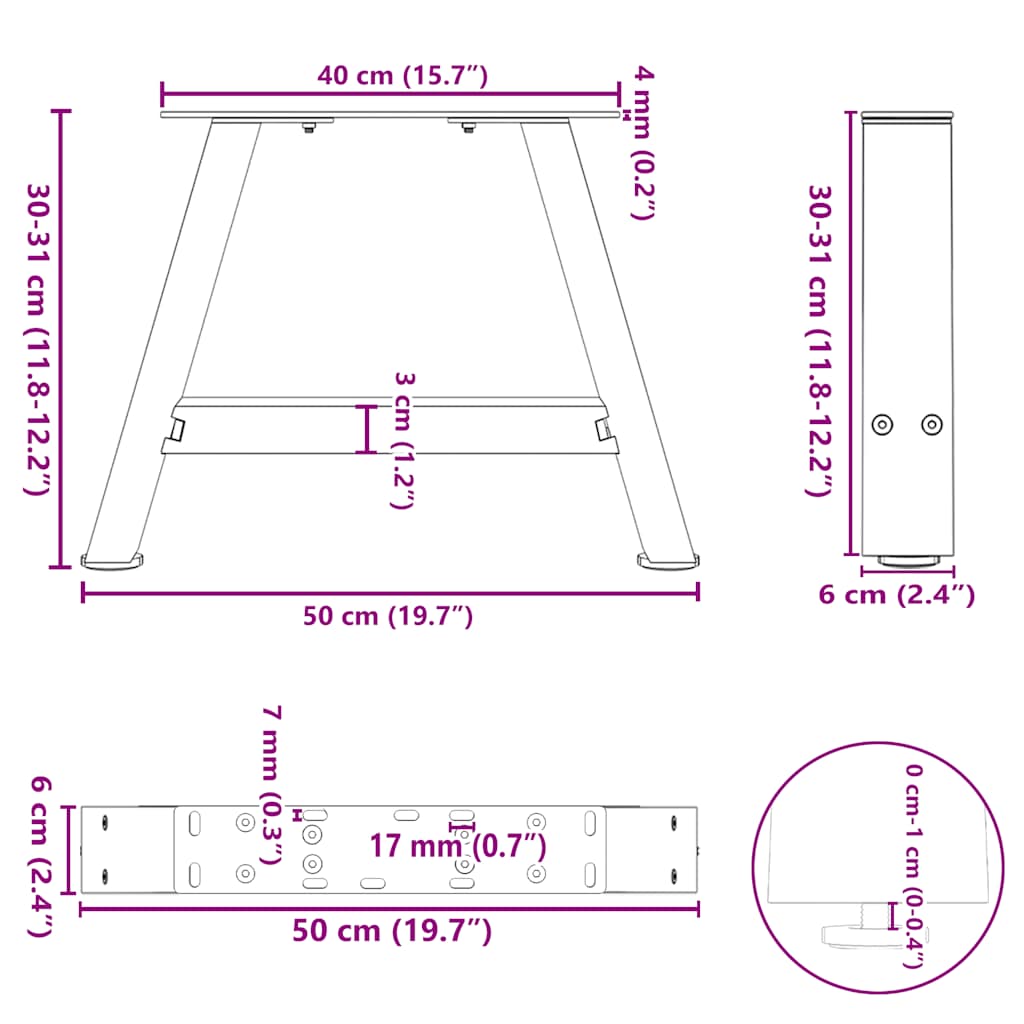 vidaXL Nogi do stolika kawowego w kształcie litery A 2 szt. Czarne 50x(30-31) cm Stal