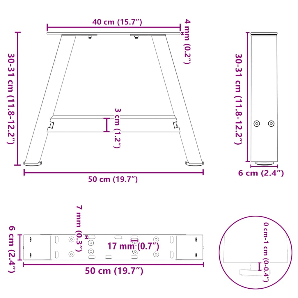 vidaXL Nogi do stolika kawowego w kształcie litery A 2 szt. 50x(30-31) cm Stal