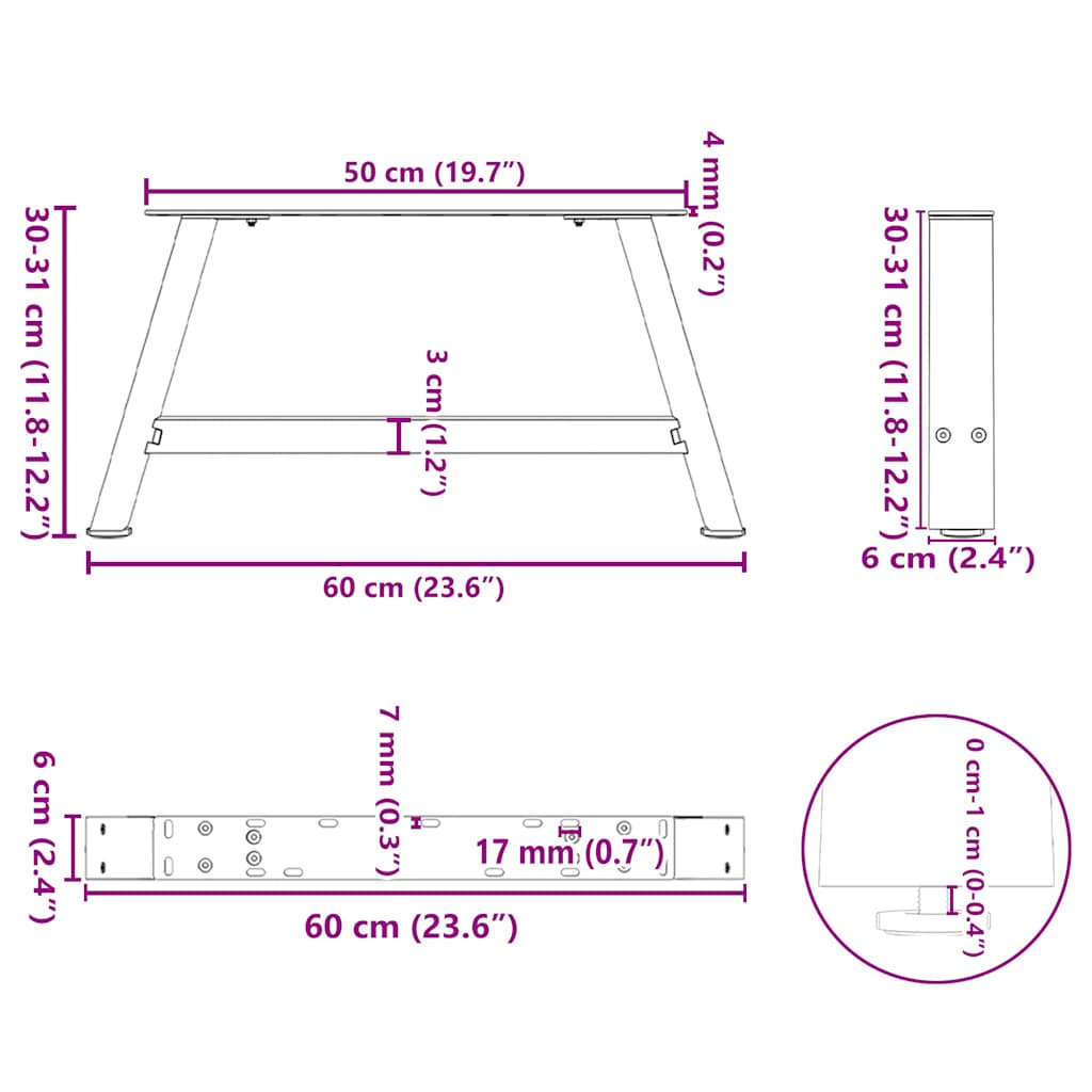 vidaXL Nogi do stolika kawowego w kształcie litery A 2 szt. 60x(30-31) cm Stal