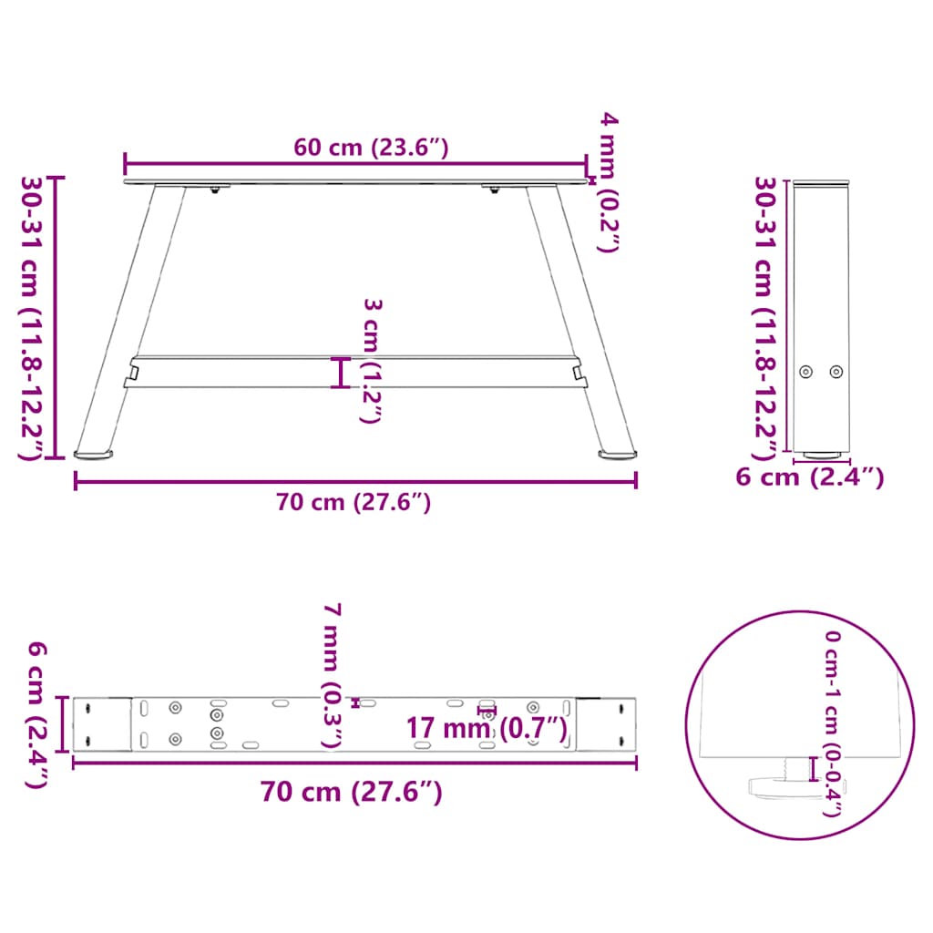 vidaXL Nogi do stolika kawowego w kształcie litery A 2 szt. Czarne 70x(30-31) cm Stal