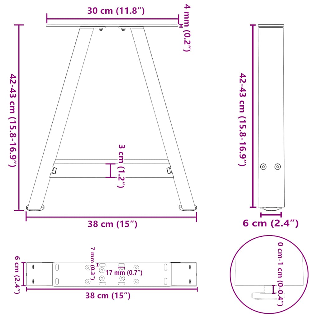 vidaXL Nogi do stolika kawowego w kształcie litery A 2 szt. 38x(42-43) cm Stal