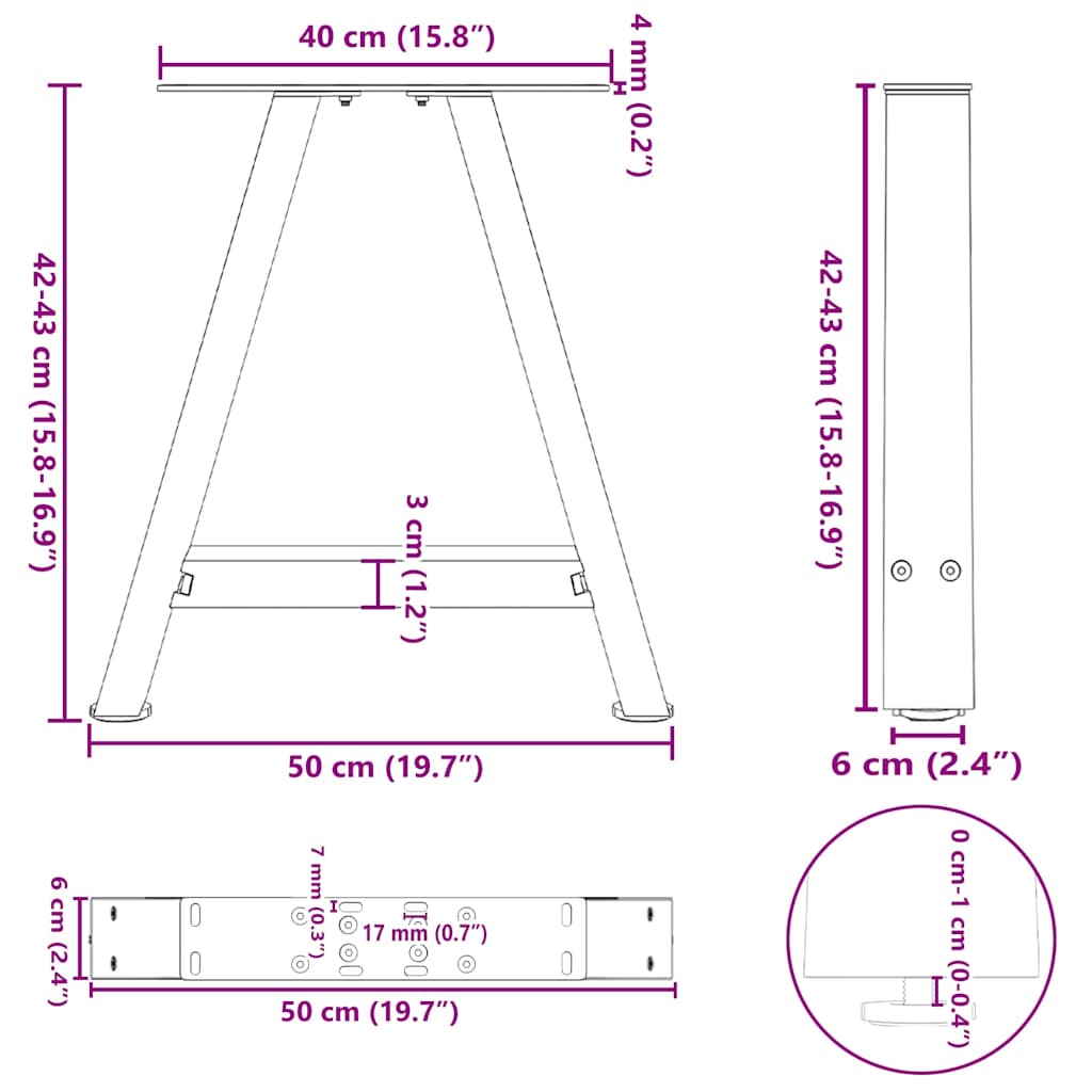vidaXL Nogi do stolika kawowego w kształcie litery A 2 szt. Czarne 50x(42-43) cm Stal